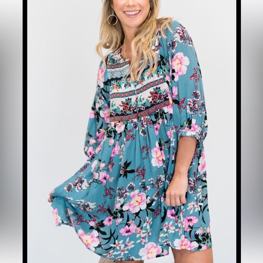 Umgee Blue Blossom Adorable Floral Tunic Mini Swing Dress bubble Sleeves Boho S